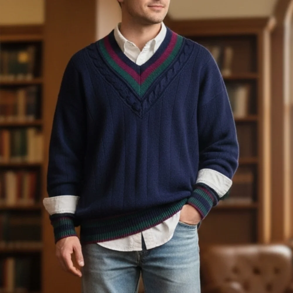 VTG Sears Roebuck & Co. Navy Cricket Sweater V-Neck Cable Knit Oversized